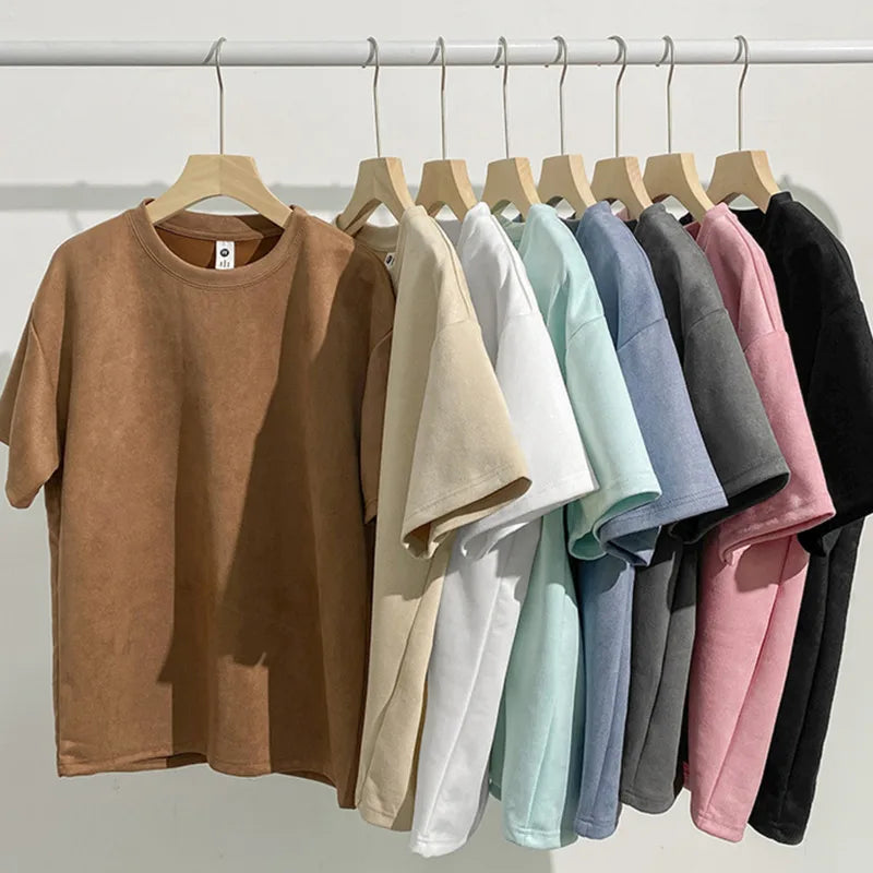 Riolio Summer Short Sleeve T-shirt Men Fashion Retro Suede T Shirt Men Streetwear Hip Hop Loose Round Neck Solid Color Tshirt Mens Top