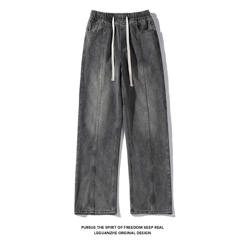 Riolio Jeans men Elastic waist Streetwear Fashion Jeans Black Spring New Men Women Wide Leg Straight Denim Trousers Plus Size 5XL-M