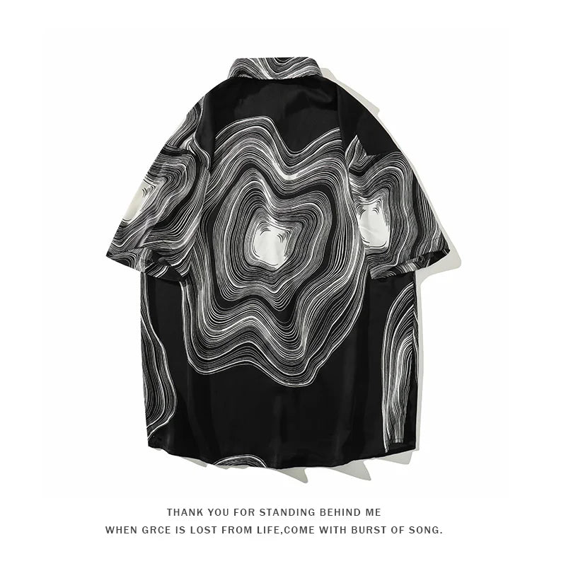 Riolio Summer Short Sleeve Shirt Men Fashion Retro Print Shirt Men Streetwear Loose Black White Ice Silk Shirt Mens Large Sizes M-5XL