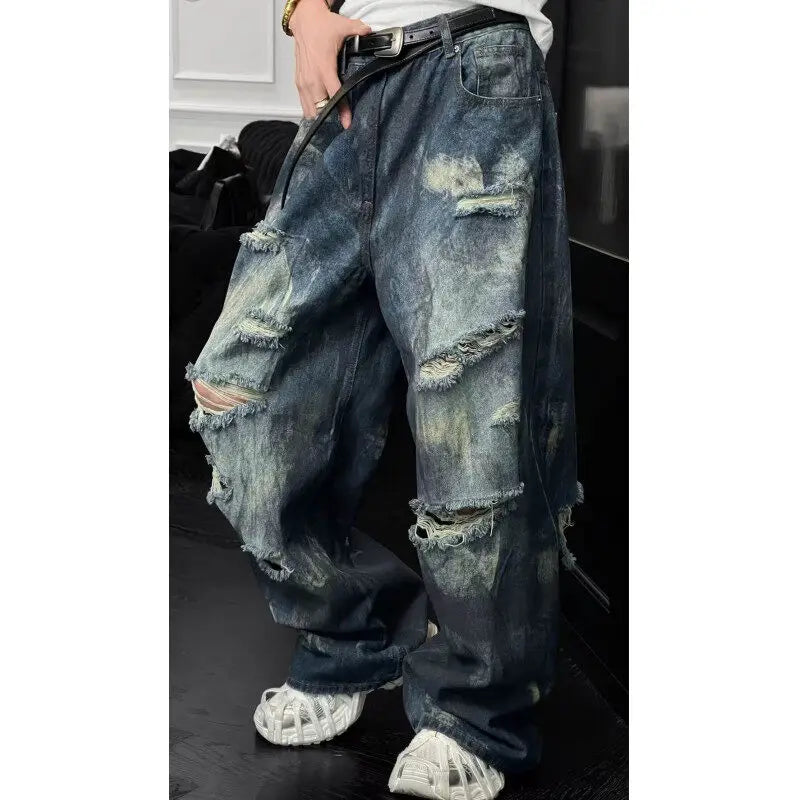 Riolio Mens Loose Fit Straight Leg Jeans Dark Blue Ripped Distressed Trendy Streetwear Fashion Casual Urban Denim Pants Hip Hop Style
