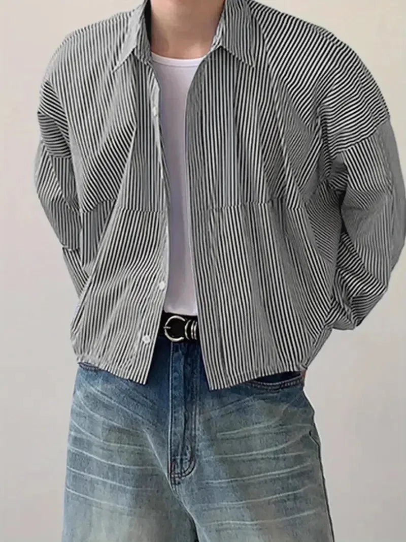 Riolio  New Japanese Trendy Men Shirts Light Luxury Textured Lapel Striped Long Sleeve Cardigan Tops Leisure Premium Loose Blouse M-2XL