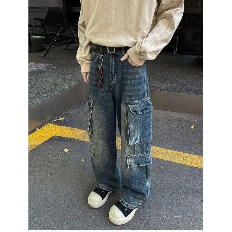 Riolio Cargo jeans men New High Street Gothic Punk Dark Trousers  Harajuku Retro Baggy Jeans Men Street Fashion Straight Leg Pants
