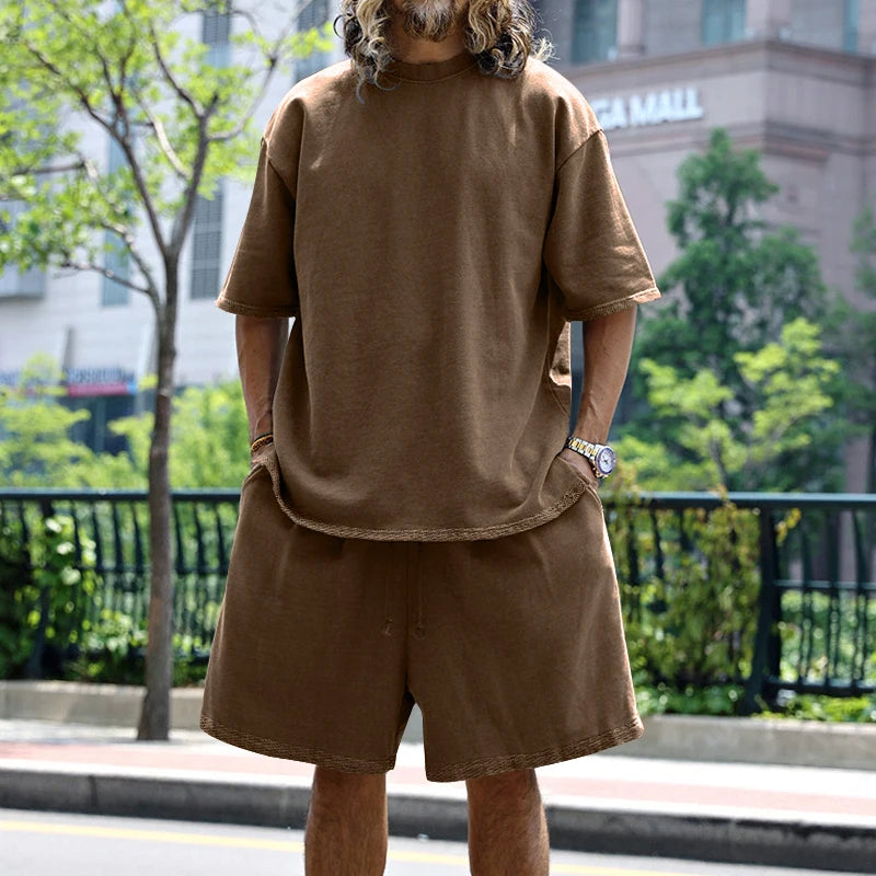 Riolio Summer New Men's Set Japanese Style Plus Size Casual Loose Sports Suit Short Sleeve T-shirt Shorts Two-piece Men's Clothing