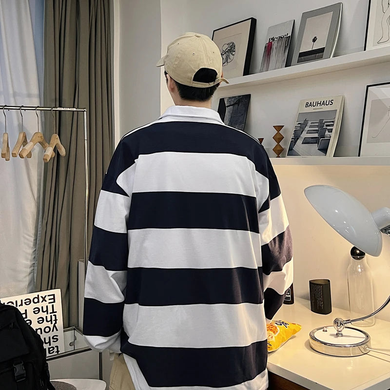 Riolio Striped Black T-shirts Men Preppy Stylish College Long Sleeve Harajuku Japanese Handsome Casual Baggy All-match Streetwear Cool