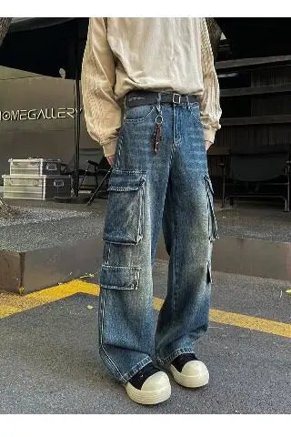 Riolio Cargo jeans men New High Street Gothic Punk Dark Trousers  Harajuku Retro Baggy Jeans Men Street Fashion Straight Leg Pants