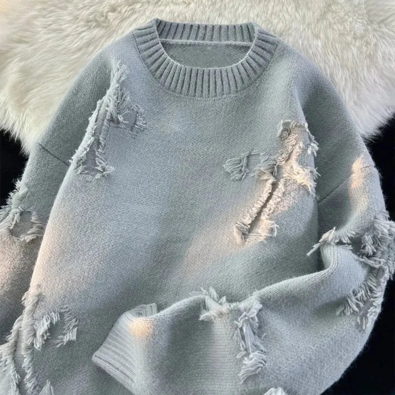 Riolio Y2k Streetwear Sweater Men New Retro Hole Fringed Sweater Loose Versatile Knitwear Pullovers Long Sleeve Jumpers Clothing