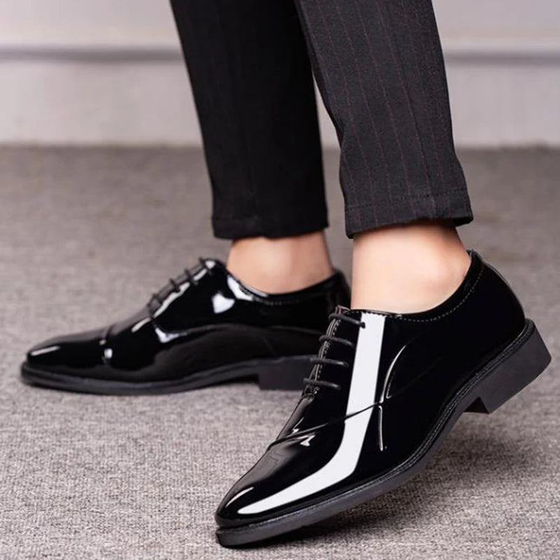 Riolio PU Patent Leather Shoes for Men Oxfords Lace Up Male Wedding Party Office Work Shoes Elegant Designer Brand Dress Shoes for Men