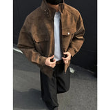 Riolio Mens Short Stand Collar Motorcycle Jacket Patchwork Cargo Biker Coat Spring Outdoor Riding Fashion Streetwear Urban Trendy