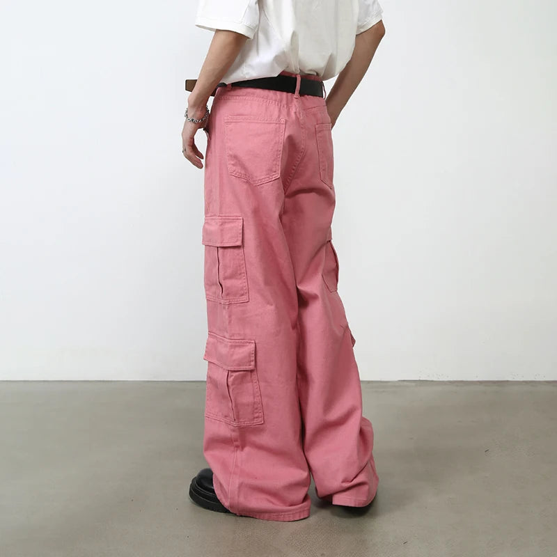 Riolio Pink Cargo Jeans Pants Men Oversize Wide Leg Denim Trousers Male Loose Casual Japanese Streetwear Hip Hop Pocket