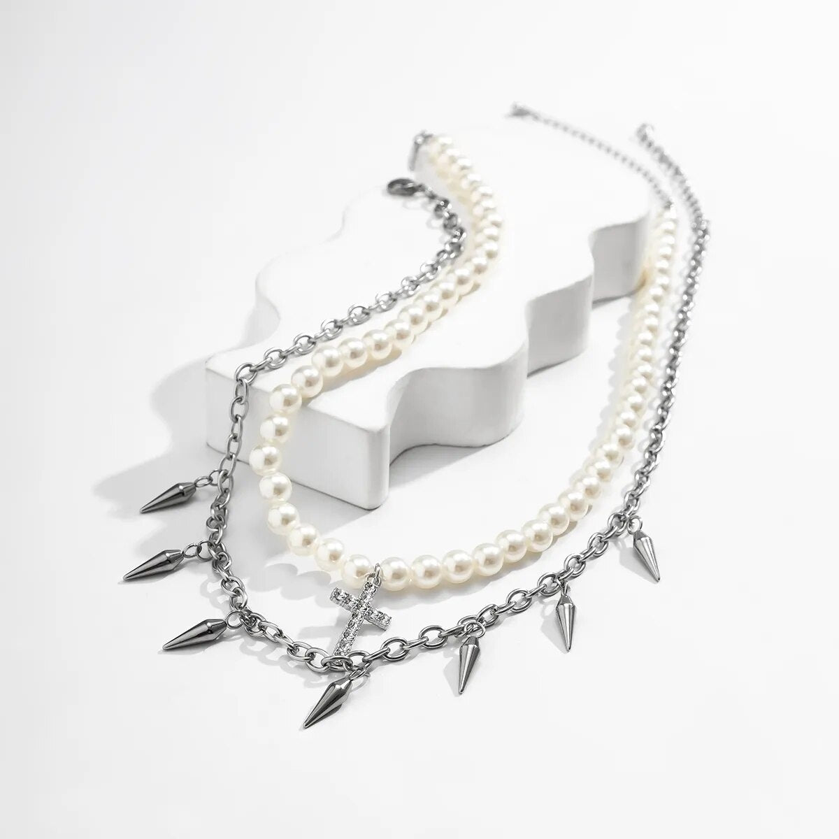 Riolio Punk Pearl Beads Chain Spikes/Cross Pendant Necklace Men Hiphop Layered Stainless Steel Choker Necklace Set Fashion Jewelry