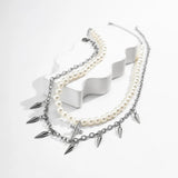 Riolio Punk Pearl Beads Chain Spikes/Cross Pendant Necklace Men Hiphop Layered Stainless Steel Choker Necklace Set Fashion Jewelry