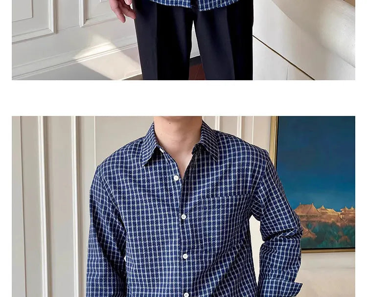 Riolio  New American Retro Men Shirts Light Luxury Textured Lapel Plaid Long Sleeve Cardigan Leisure Trendy Premium Check Blouse M-2XL