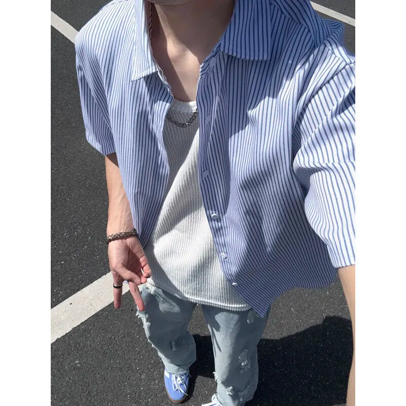 Riolio Summer Short Sleeved Shirt Men Black Blue Casual Shirt Men Streetwear Korean Loose Striped Shirt Mens Formal Dress Shirts