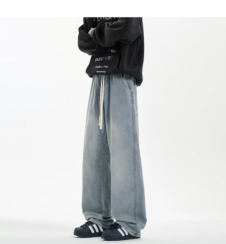 Riolio New Men's Jeans Washed Jeans Pants Unisex Drawstring Denim Pants Male Streetwear Korean Straight cylinder loose Cowboy Trousers