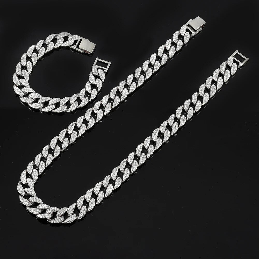 Riolio Miami Cuban Link Chain Iced Out 8/18/20/24 Length Necklace Bracelet 16mm Wide Bling Gold Silver Color Trendy Jewelry Men Women