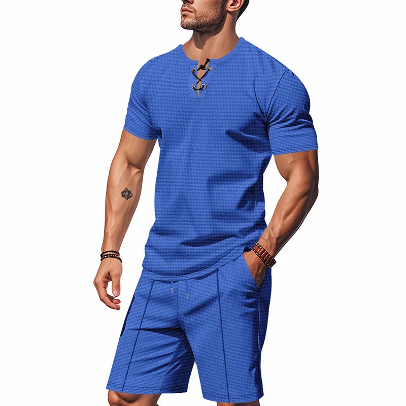 Riolio 2025 Summer Simplicity Men's Suit Loose Walf Checks Fabric Breathable Comfort and Casual Short Sleeve Shorts Two-Piece Suit