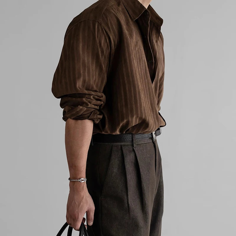 Riolio New Korean Fashion Men Shirts Light Luxury Textured Business Striped Long Sleeve Cardigan Tops Leisure High Quality Blouse M-2XL