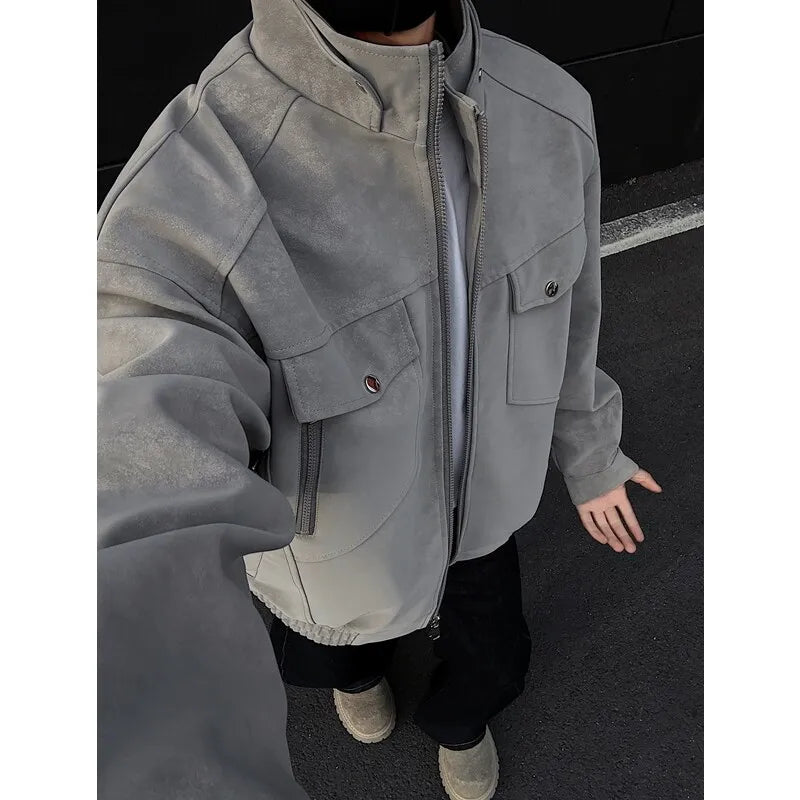 Riolio Mens Short Stand Collar Motorcycle Jacket Patchwork Cargo Biker Coat Spring Outdoor Riding Fashion Streetwear Urban Trendy