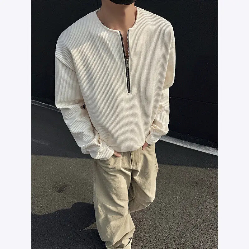 Riolio New Men Slim Fit Half Zip Solid Color Round Neck Long Sleeve Tshirt Spring Base shirt Casual Streetwear Hot Sale Trend T shirt