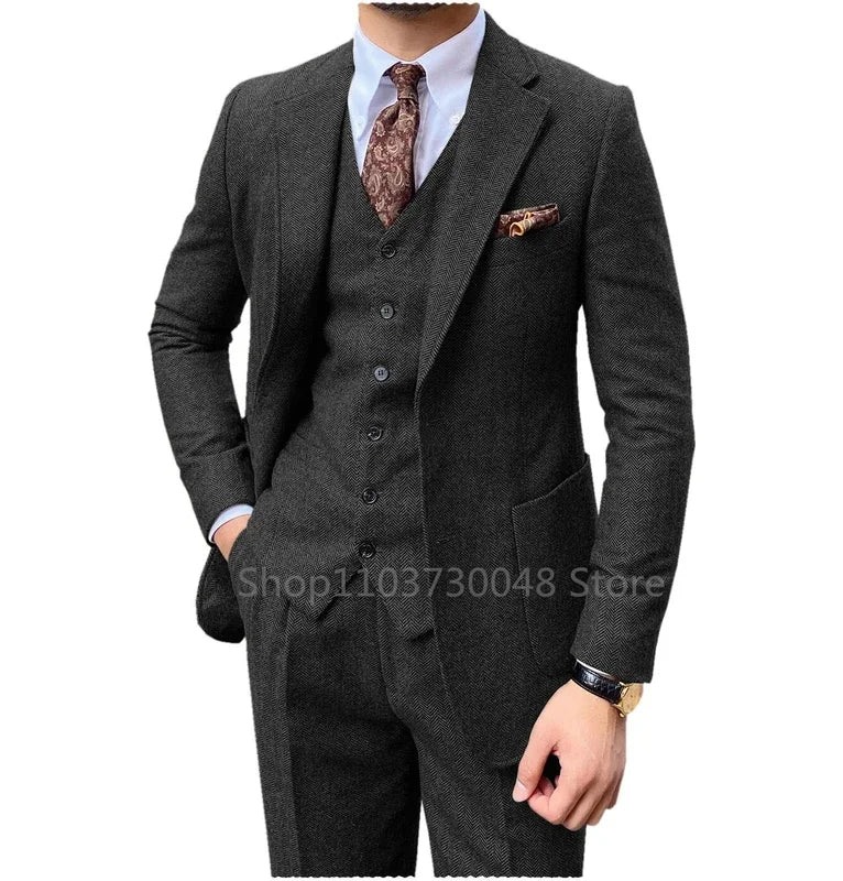 Riolio 3 Piece Grey/Brown Mens Tweed Herringbone Wedding Suit Prom Tuxedos  Peak Lapel Tweed for Business Slim Fit (Blazer+Vest+Pants)