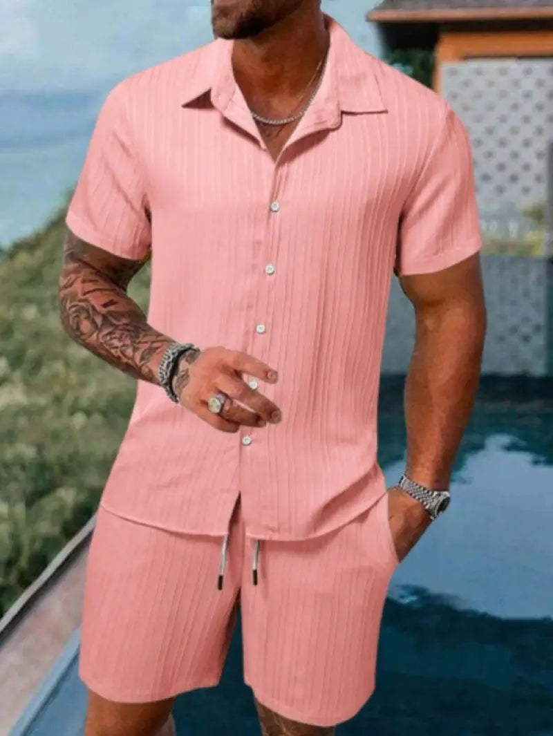 Riolio Spring and summer Europe and the United States new men's striped jacquard beach suit loose shorts shirt