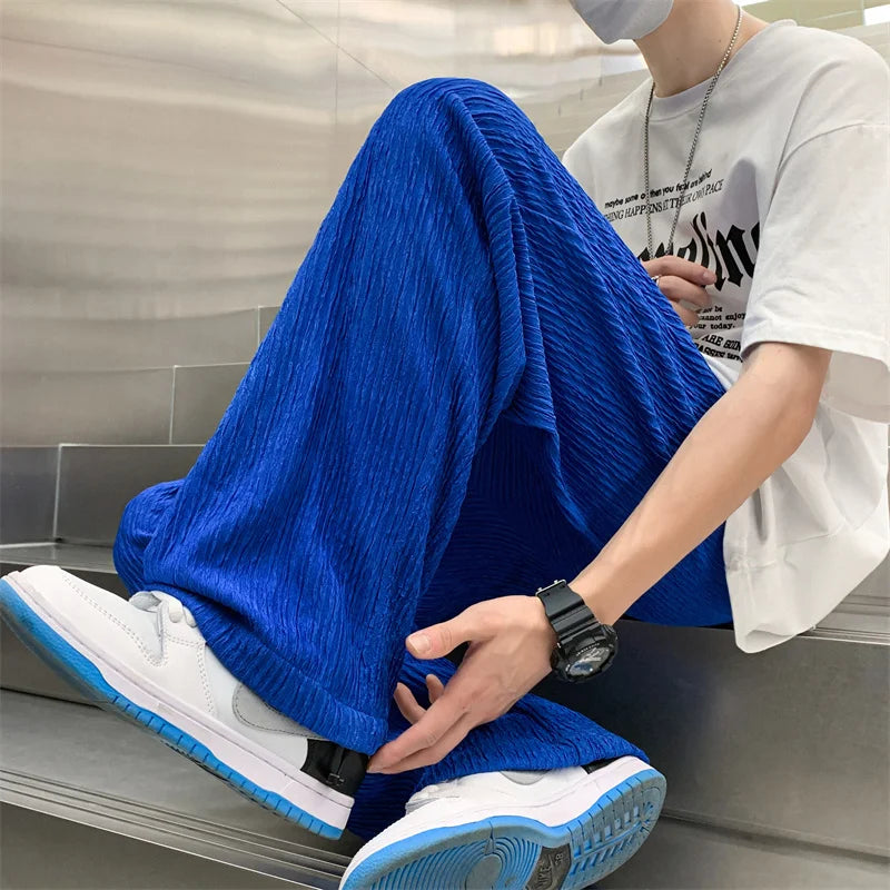 Riolio Summer Ice Silk Pants Men Fashion Oversized Wide Leg Pants Men Japanese Streetwear Hip Hop Loose Pleated Pants Mens Trousers