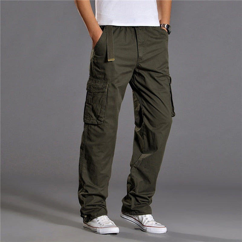 Riolio Men's Casual Cargo Cotton Pants Men Pocket Loose Straight Pants Elastic Work Trousers Brand Fit Joggers Male Large Size