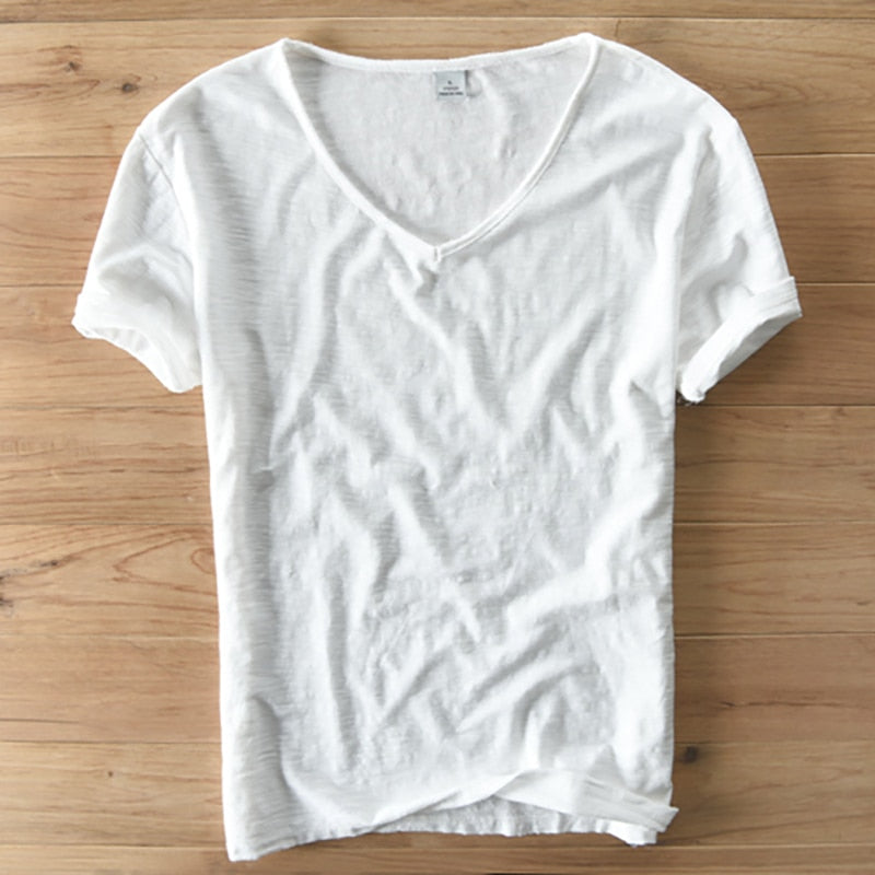 Summer T Shirt Men Linen Cotton Short Sleeve Tshirt V-neck Tops&Tee Breathable Comfortable Slim T-shirt Men Dropshopping