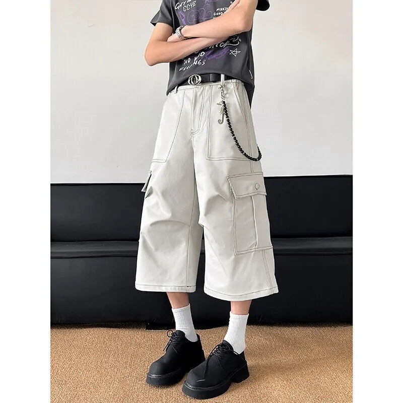 Riolio Summer Casual Pants Men Retro Pocket Cargo Pants Men Japanese Streetwear Hip-hop Loose Wide Leg Pants Mens Cropped Trousers
