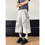 Riolio Summer Casual Pants Men Retro Pocket Cargo Pants Men Japanese Streetwear Hip-hop Loose Wide Leg Pants Mens Cropped Trousers