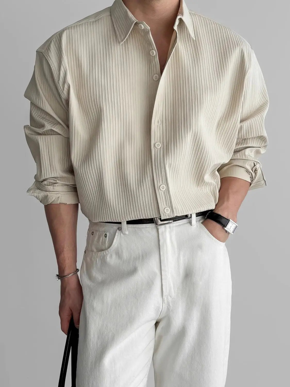 Riolio Lapel Pit Stripe Texture Long Sleeve Shirt Men's Casual Business Shirt High-end Drapery Light Versatile Top Male Blouse