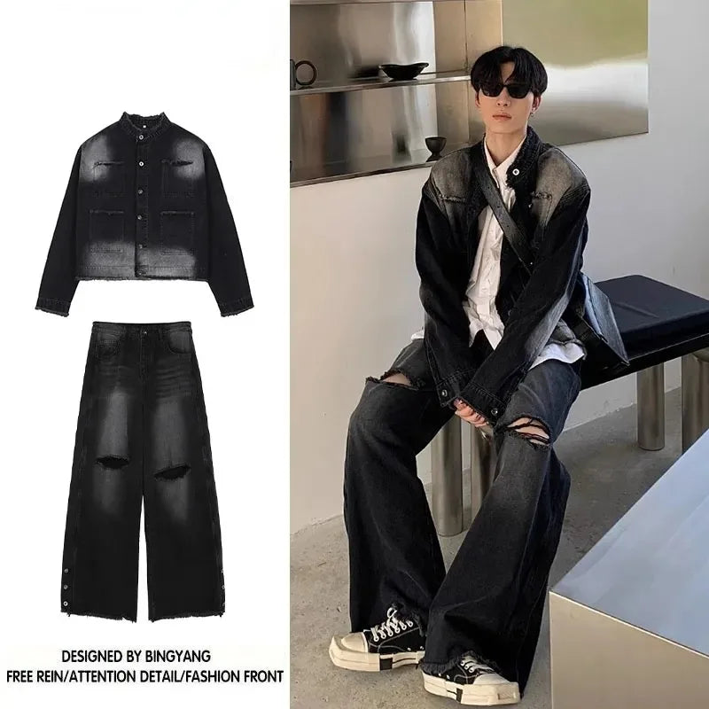 Riolio Autumn Denim Set Men Denim Jacket +Wide Leg Straight Jeans Casual Loose Solid Color Korean Style Street Stand Collar 2pcs Suit