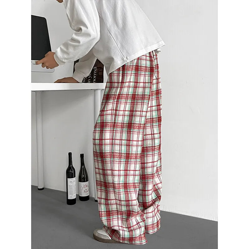 Riolio Summer Casual Pants Men Oversized Retro Plaid Pants Men Streetwear Hip-hop Loose Wide Leg Pants Mens Trousers Plus Size 5XL