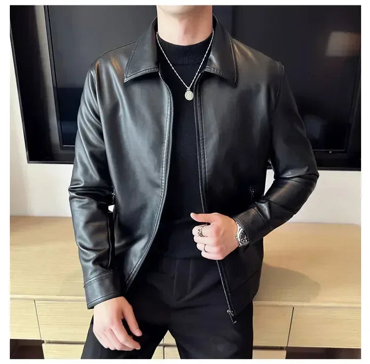 Riolio Windproof Stand Collar Zipper Cardigan Leather Jacket Motorcycle Leather Coat PU Leather Business Leather Jackets Men's Fashion