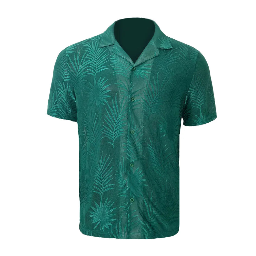 Riolio Men Y2k Leaf Print Hollow Casual Shirt Breathable Thin Streetwear Beach Vacation Harajuku Personality Versatile Tops Summer