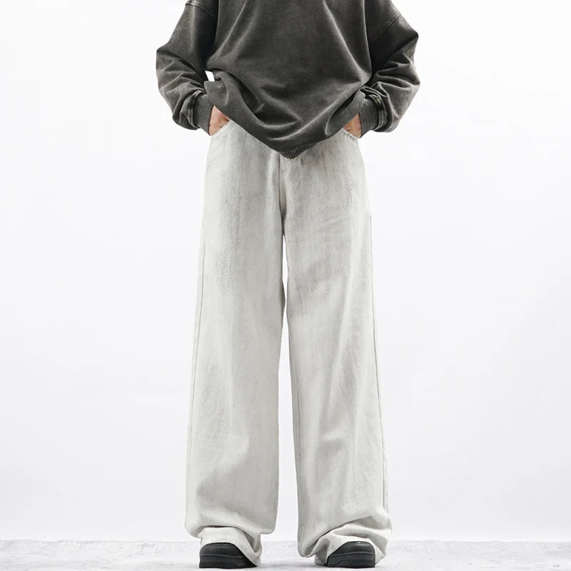 Riolio New Men Loose Daily Draping Wide Leg Jeans Male Vintage Design Wash White Denim Pants Fashion Streetwear Casual Denim Trousers