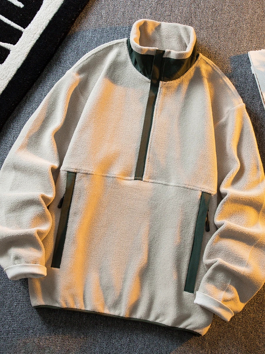 Riolio Korean Casual Heavy Half Zipper Sweatshirt Fleece Jacket Men Autumn Winter Warmth Thicken Men Aesthetic Academy Chic Streetwear