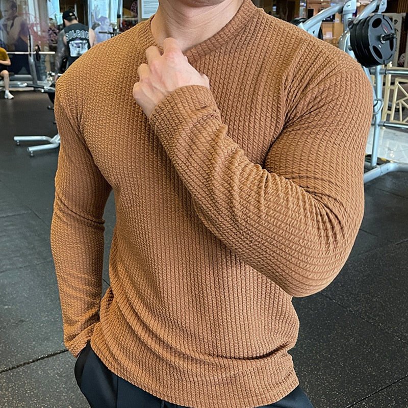 Riolio Men Fashion body-building Long Sleeve T-shirts O-Neck Solid Casual Spring Autumn Tees Men Shirt Loose Tops Streetwear Tee shirt