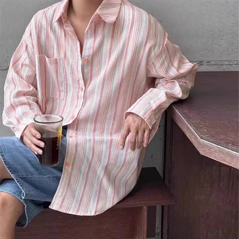 Riolio New Japanese Vintage Men Striped Shirts Luxury Casual Trendy Long Sleeve Cardigan Tops Fashion Leisure Macaron Sunscreen Blouse