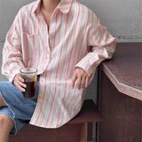 Riolio New Japanese Vintage Men Striped Shirts Luxury Casual Trendy Long Sleeve Cardigan Tops Fashion Leisure Macaron Sunscreen Blouse
