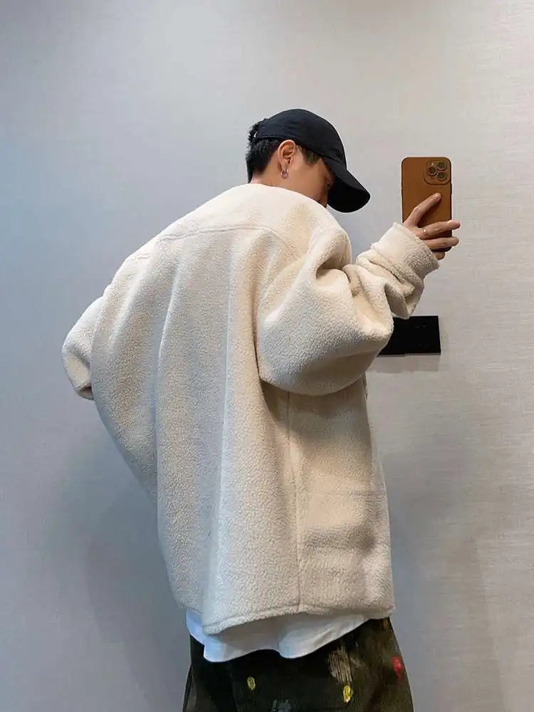Riolio Hong Kong Style Retro Coat Versatile Solid Color Lamb Fur Plus Velvet Shirt Fashion High-end Autumn Winter Loose Fleece Jacket