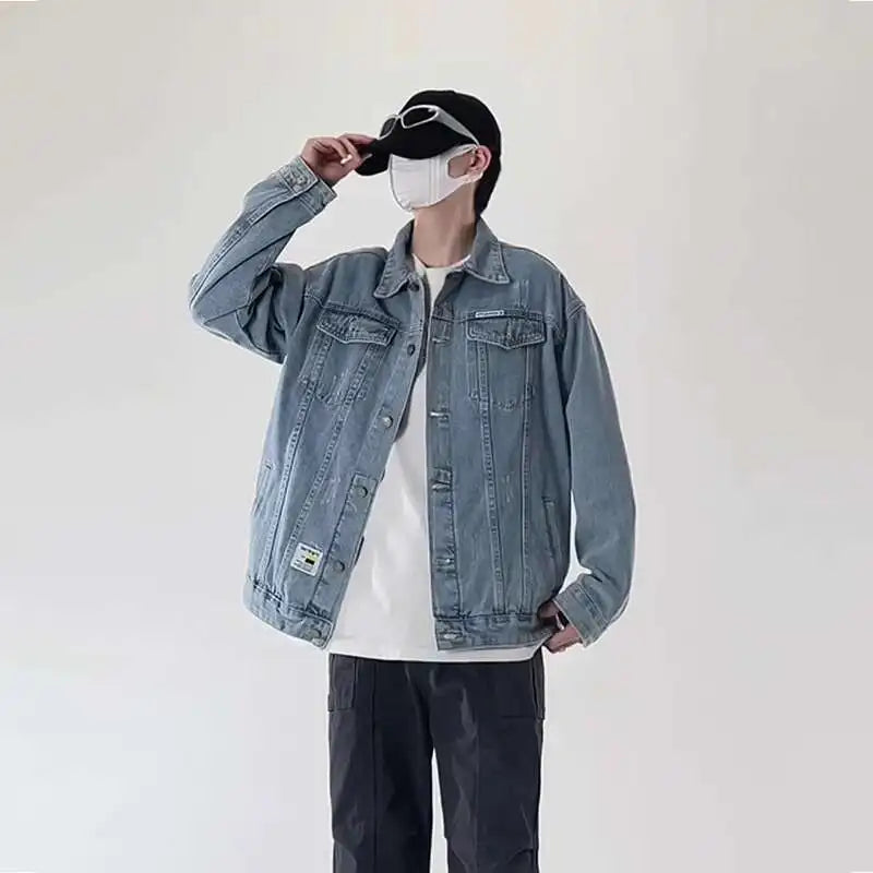 Riolio Blue Black Denim Jacket Men Fashion Retro Pocket Denim Jacket Men Streetwear Hip-hop Loose Bomber Jacket Mens Vintage Jackets