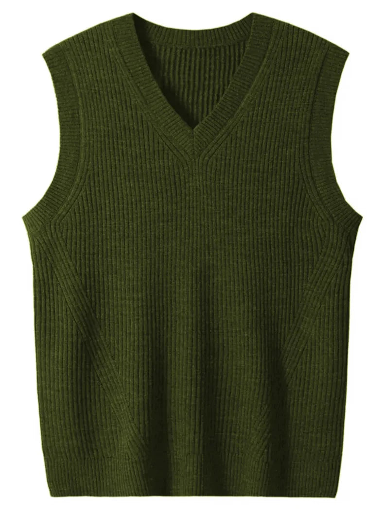 Riolio New Popular Preppy Style Men Sweater Vest Casual Knitted Streetwear Solid Color V Neck Waistcoat Leisure High Quality Knitwear