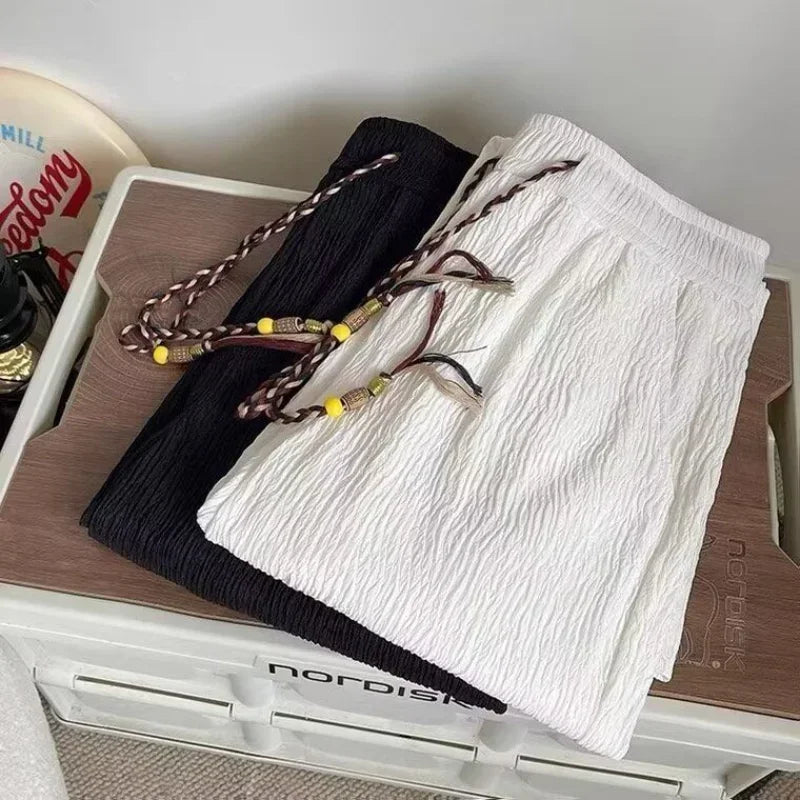 Riolio Ice Silk Casual Pants Men Thin Sport Straight Sweatpants Linen White Loose Fold Ankle-length Walking Trousers Male