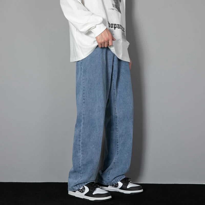 Riolio New Korean Men's Casual Long Jeans Classic Man Straight Denim Wide-leg Pants Solid Color Light Blue Grey Black