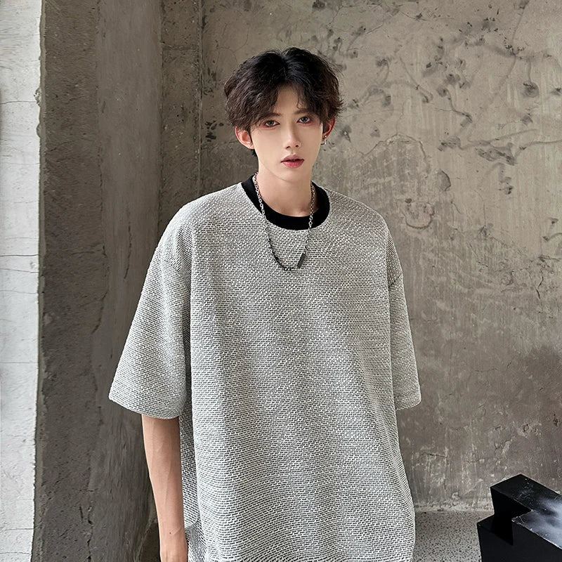 Riolio Men Oversized Round Neck Breathable Knit Tshirt Loose Fit Cotton Casual Summer Streetwear Comfort Tee Airy Fashion Basic Top