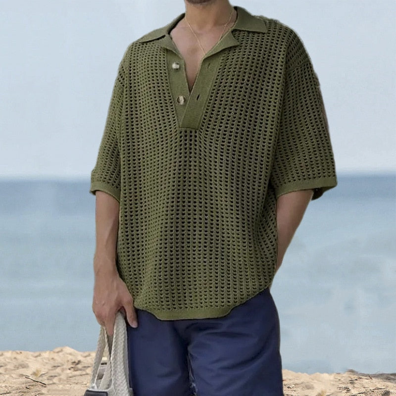 Riolio Spring Summer Mens Leisure Polo Shirts Solid Color Short Sleeve Button Lapel Knitting Tops Men Clothes Casual Loose Polos