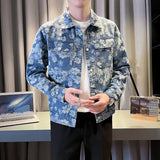 Riolio Fashion Floral Print Denim Jacket Men's Distressed Coat Streetwear slim fit Long Sleeve Jackets Korean Bomber Jeans Jacket
