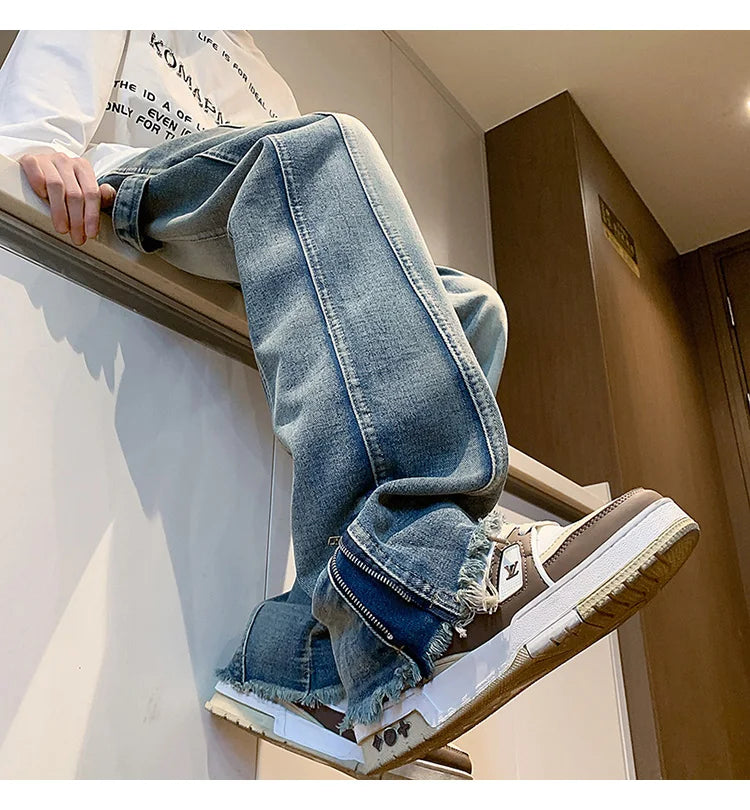 Riolio Men's jeans fashion Side Zipper Pants New Fashion men streetwear Jeans Loose Straight Denim Pant Mens  jeans homme hip hop