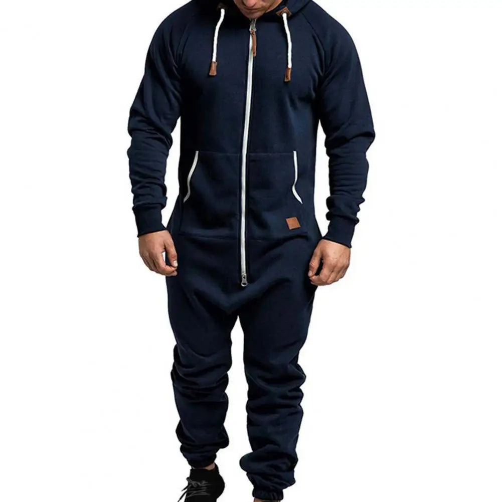 Riolio Mens Onesie Jumpsuit Pajamas Long Sleeve Sweatpants Pure Color Splicing Autumn Winter Casual Hoodie Male Zipper Jumpsuit